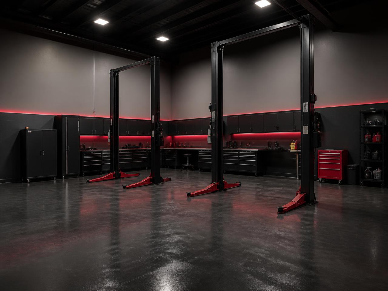 Interior da oficina mecânica com elevadores automotivos